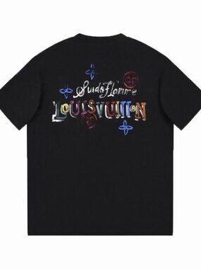 Luxury French Fashion Style T-shirt Colorful Hand Painted Logo Design Black Tee